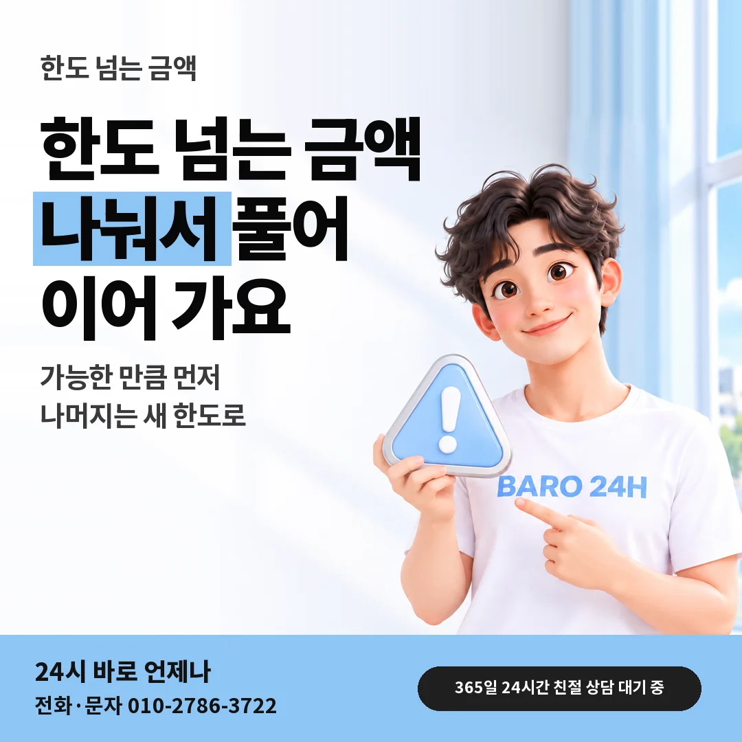 주의 표지판을 든 BARO 24H 티셔츠를 입은 3D 인물 옆에 「아이폰 한도 넘는 금액」 제목을 얹은 안내 카드